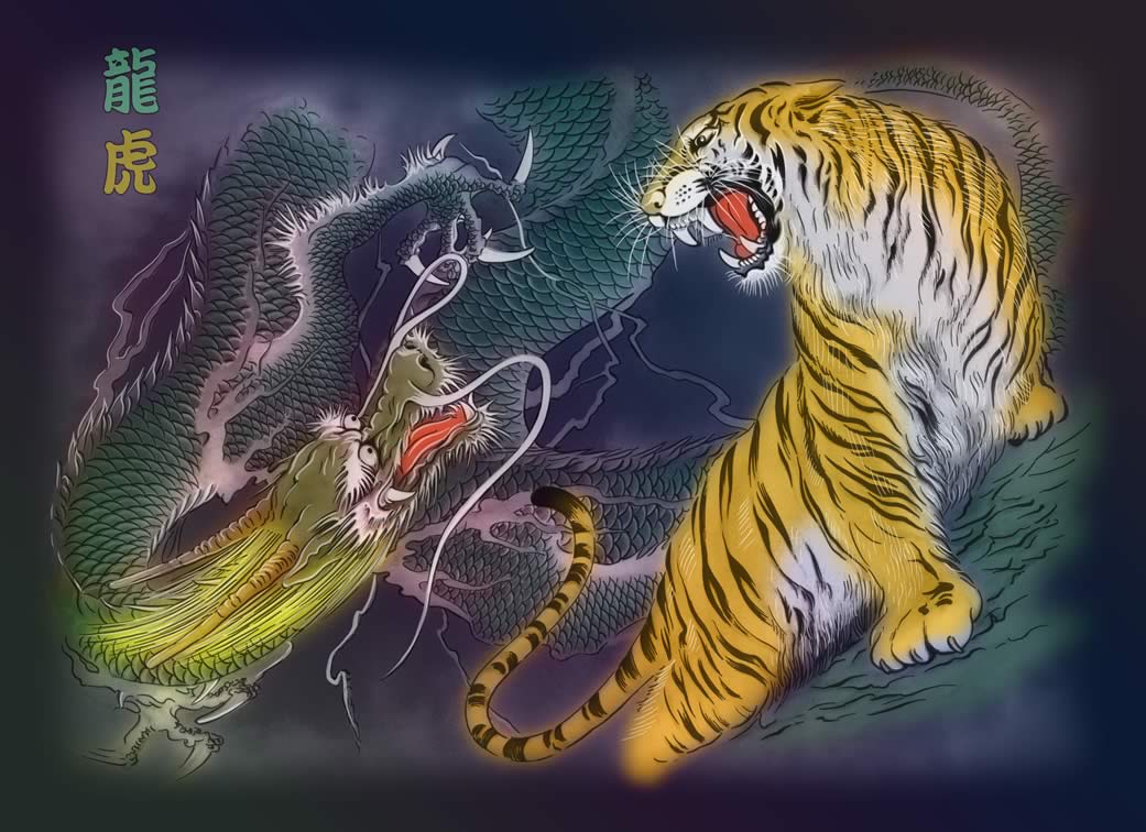 Обезьяна тигр змея. Тигр и дракон. Тигр в корейской мифологии. Тигр в китайской мифологии. Дракон и тигрица.